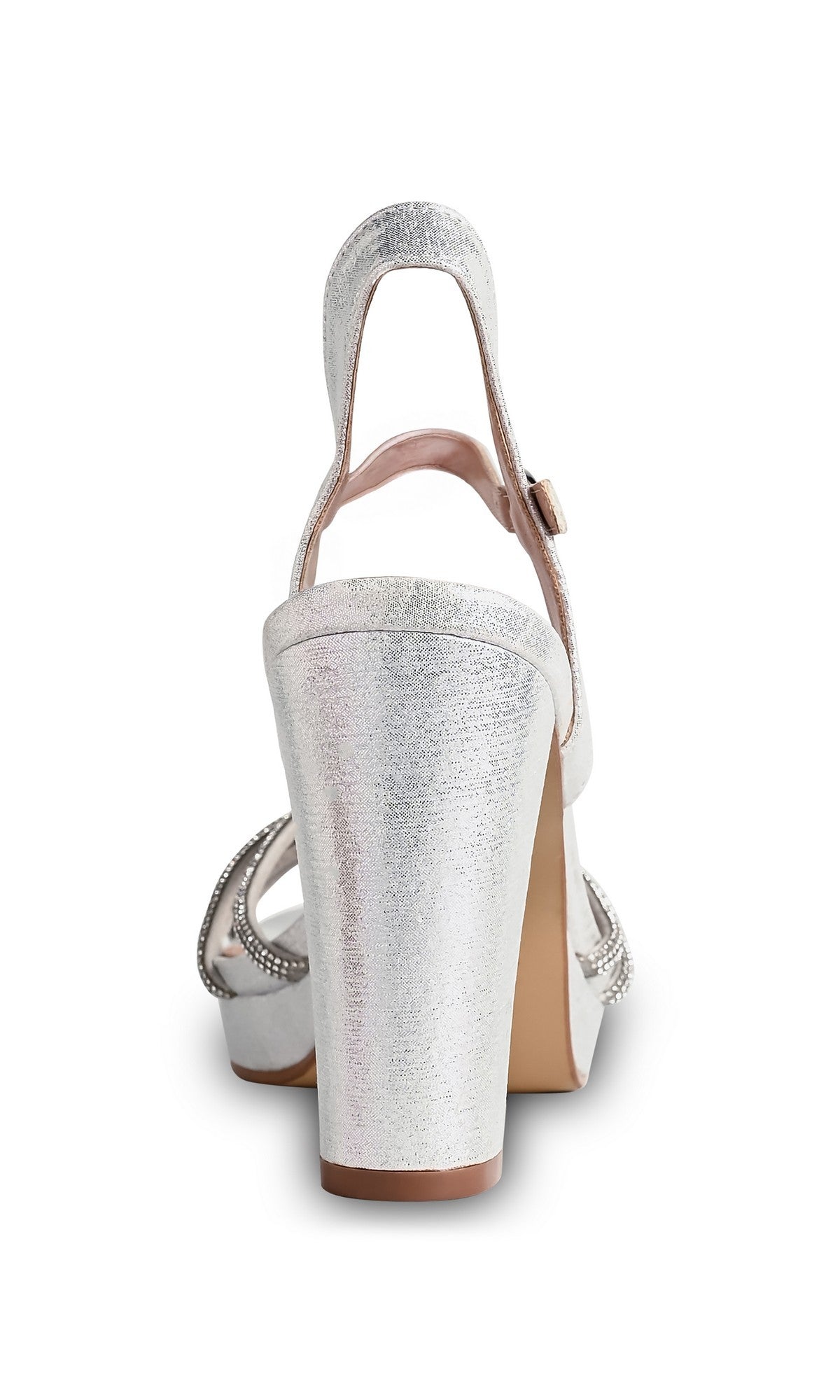 Rear view of the Tyler Silver Prom Shoes: Touch Ups 4759, featuring a silver ankle strap and block heel with crystal embellishments on the sides, displayed against a white background.